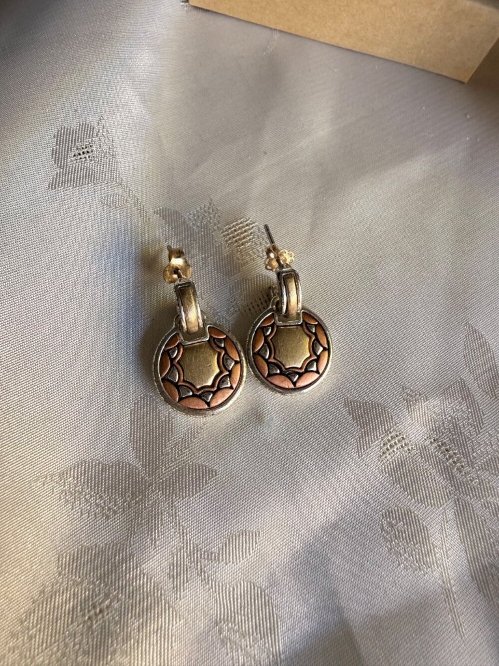 Vintage Gold & Bronze-Tone Floral/Sun Engraved Design Drop Earrings